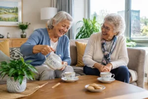 Deux seniors partagent un moment convivial dans le salon d'une colocation senior lumineuse et moderne