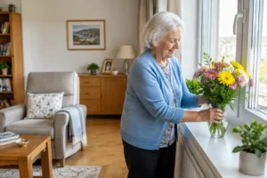 Une résidente sourit en disposant des fleurs sur le rebord d'une fenêtre dans un foyer logement senior lumineux
