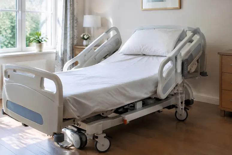 Lit médicalisé à domicile installé dans une chambre avec ses barrières de protection relevées