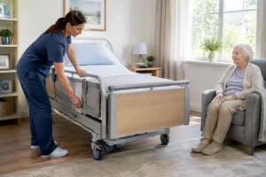 Installation d'un lit médicalisé domicile par un professionnel dans un salon lumineux