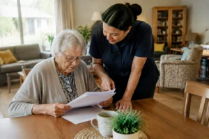 Une résidente examine un document financier dans une maison partagée senior tarif abordable.