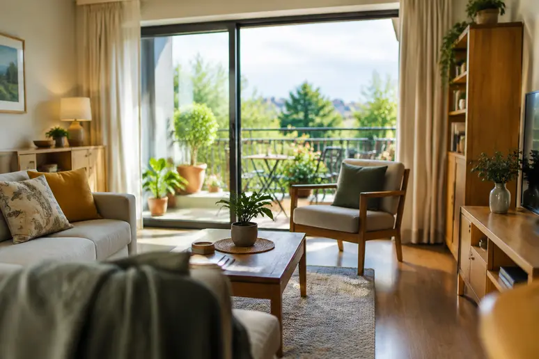 Intérieur lumineux d'un appartement en résidence senior avec services montrant le salon et l'accès au balcon
