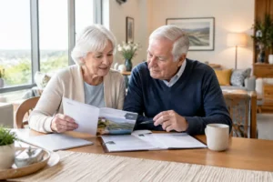 Un couple de seniors examine des documents financiers dans leur appartement en résidence senior avec services