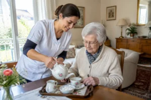 Une auxiliaire de vie accompagne une personne âgée à son domicile grâce au service autonomie à domicile.