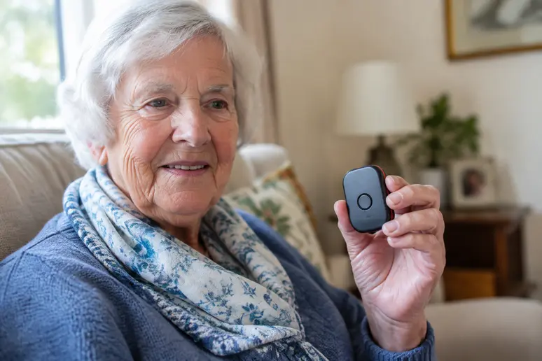 Un proche manipulant un traceur gps personne âgée compact lors d'un contrôle à domicile