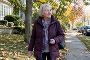 Une femme âgée tient un traceur gps personne âgée lors d'une promenade dans une rue résidentielle