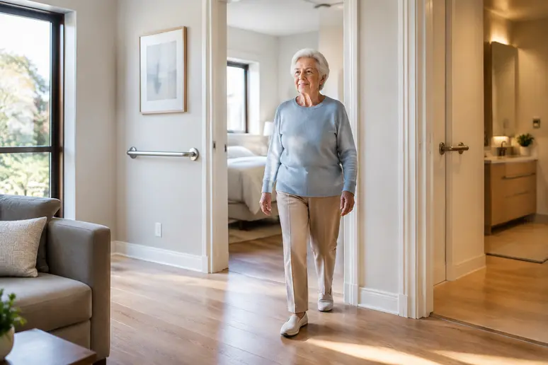 Résident se déplaçant en autonomie dans son appartement de village senior aménagé
