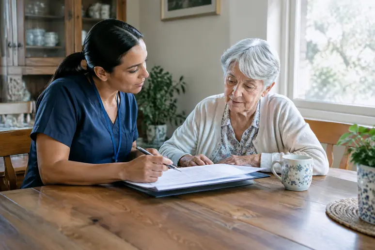 Accompagnateur et résident discutant des aides financières pour le maintien en village senior