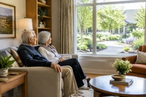 Un couple âgé installé dans le salon lumineux d'un village senior regardant par la fenêtre