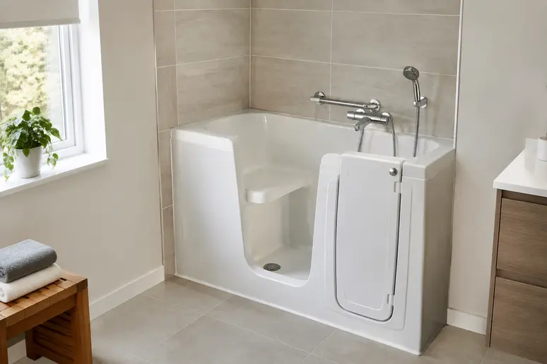 Installation d'une baignoire porte senior assise compacte dans une petite salle de bain.
