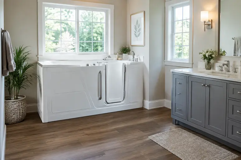 Baignoire porte senior couchée installée dans une salle de bain lumineuse.