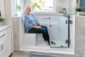 Une personne âgée utilise une baignoire porte senior moderne et sécurisée dans sa salle de bain.