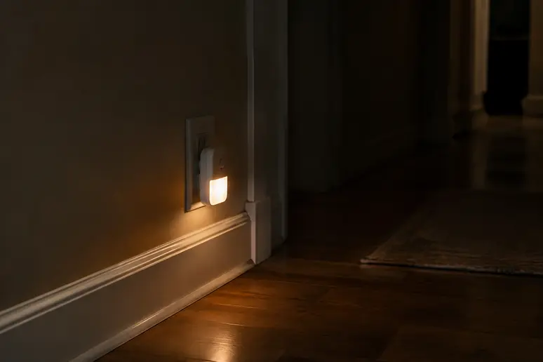 Veilleuse automatique installée près du sol dans un couloir sombre pour sécuriser le chemin lumineux