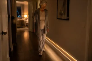 Un chemin lumineux personne âgée éclaire discrètement le sol d'un couloir pendant la nuit