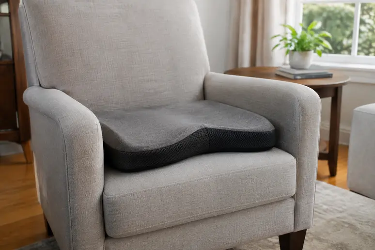 Modèle de coussin releveur senior installé sur un fauteuil de salon