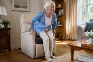 Une femme âgée s'aidant d'un coussin releveur senior pour se lever de son fauteuil de salon