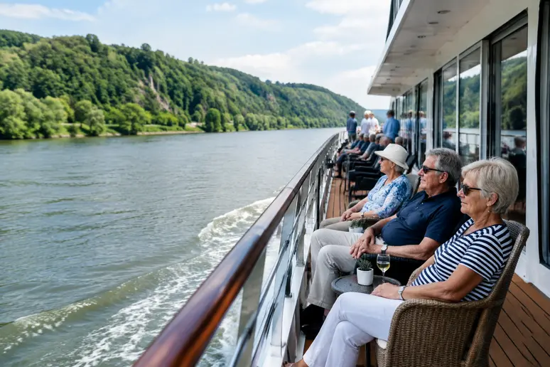 Bateau de croisière fluviale naviguant calmement sur un fleuve pour un voyage sans mal de mer.