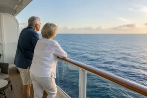 Un couple de seniors profite de la vue depuis le balcon de sa cabine pendant une croisière senior.