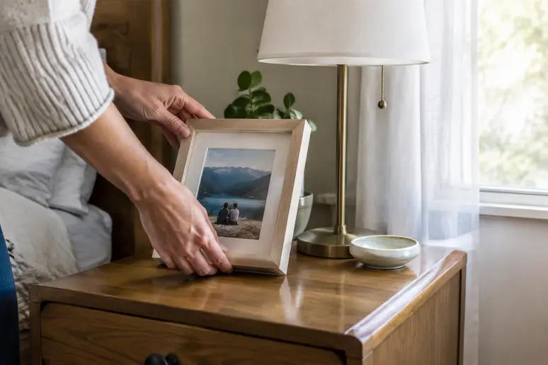 Mains installant des objets familiers sur une table de chevet pour éviter la perte de repères