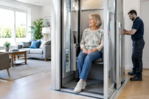 Installation moderne d'un élévateur personne âgée dans une maison adaptée et lumineuse