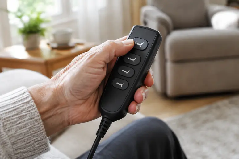 Main utilisant la télécommande à quatre boutons d'un fauteuil releveur 2 moteurs pour ajuster la position.
