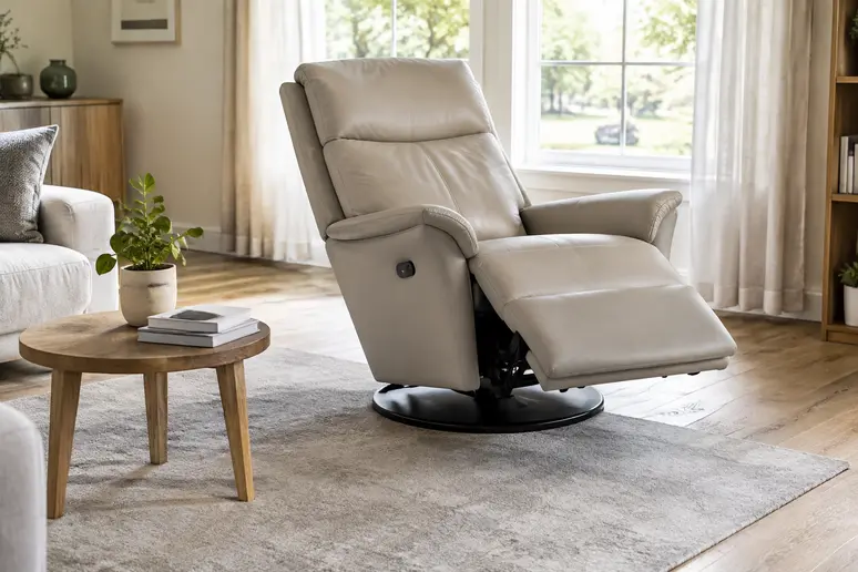 Fauteuil releveur 2 moteurs installé dans un salon pour évaluer son encombrement et son espace de recul.