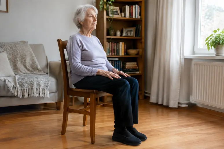 Senior assis sur une chaise stable avec les pieds à plat pour la gym douce