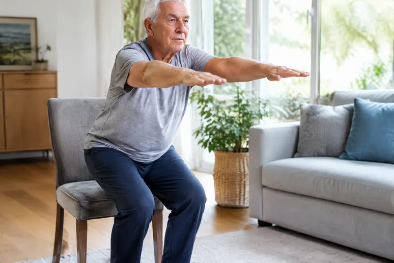 Exercice de lever-asseoir sur chaise pour la gym douce senior à domicile