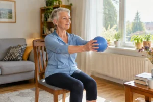 Une femme senior pratiquant des exercices de gym douce senior sur une chaise dans son salon lumineux.