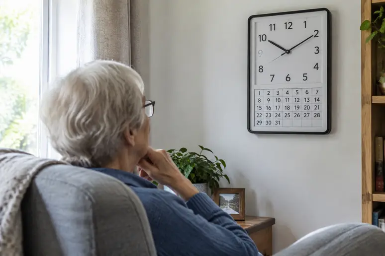 Une horloge calendrier senior à grand affichage installée au mur dans un salon lumineux