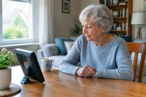Une femme âgée consulte une horloge calendrier senior posée sur sa table dans un salon lumineux.