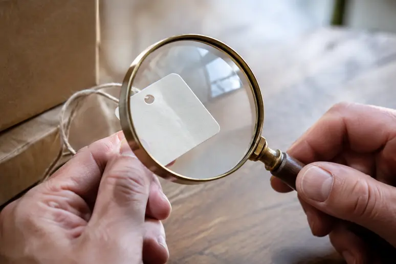 Mains tenant une loupe classique pour lire une étiquette de prix