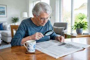 Une personne âgée utilise une loupe lecture senior pour lire son journal sur une table en bois.