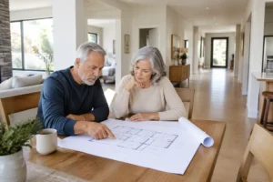Un couple examine les plans de construction d'une maison plain pied senior dans un salon lumineux