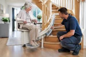 Une femme âgée teste un monte escalier senior moderne installé dans son salon lumineux