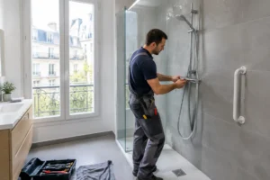 Un plombier installe une douche sécurisée pour remplacer baignoire par douche senior dans une salle de bains moderne.