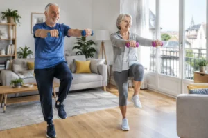 Un homme et une femme seniors pratiquent le renforcement musculaire senior dans leur salon.