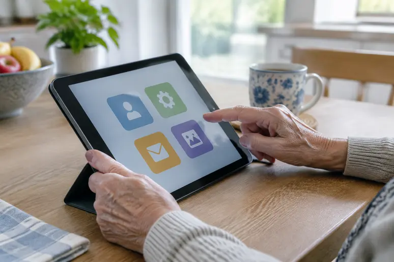 Gros plan sur les mains d'un senior manipulant une tablette tactile avec une interface simplifiée
