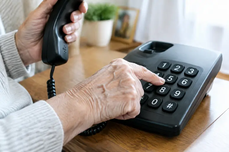 Mains d'une personne âgée composant un numéro sur un téléphone fixe senior à grosses touches.