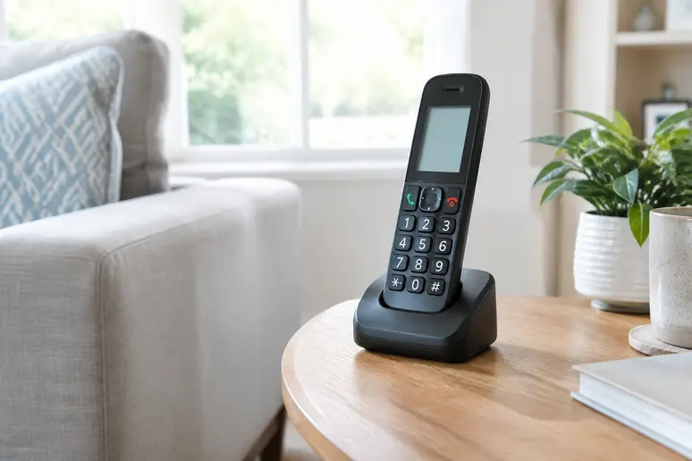 Téléphone fixe sans fil pour senior posé sur sa base de chargement dans un salon lumineux.