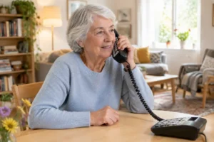 Un senior utilise un téléphone fixe senior ergonomique installé sur une table en bois clair dans son salon.