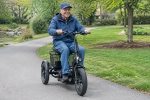 Un senior sourit en pilotant un tricycle électrique senior sur une piste aménagée en plein air