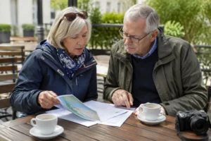 Un couple de retraités examine des documents de voyage pour un prochain voyage senior dans un café ensoleillé