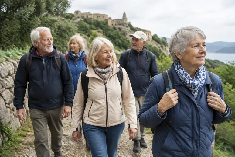 Groupe réduit de seniors participants à une excursion organisée lors d'un voyage senior solo