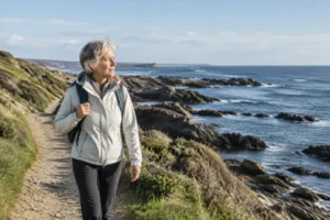 Une femme senior marche seule sur un sentier côtier lors d'un voyage senior solo.