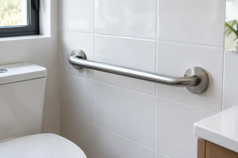 Barre d'appui murale fixée solidement pour sécuriser les transferts près des toilettes