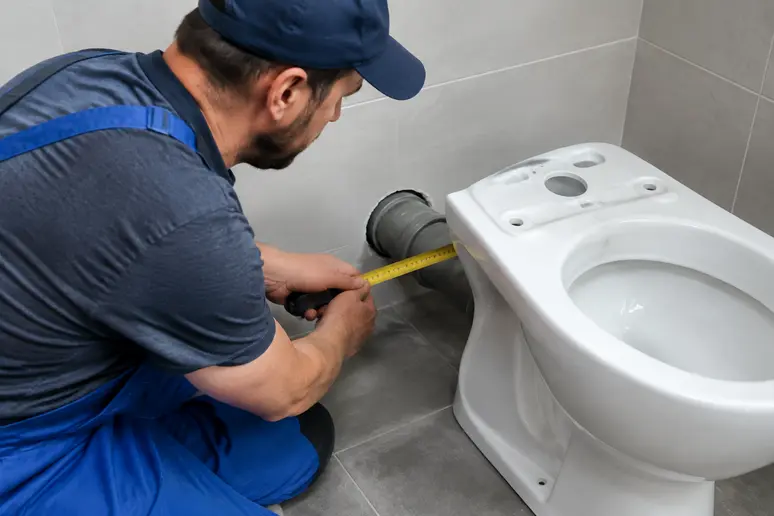 Plombier mesurant la distance de raccordement d'une évacuation de WC surélevé
