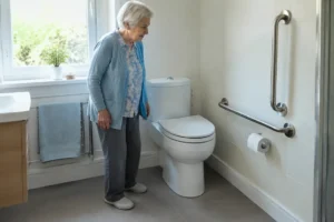 un wc surélevé senior moderne installé dans une salle de bains lumineuse et adaptée