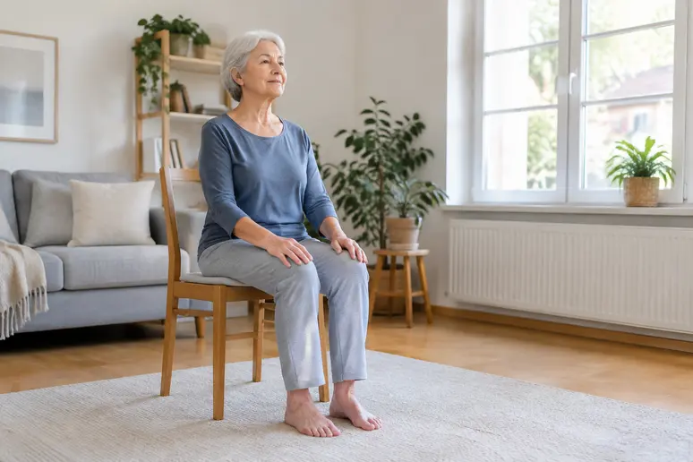 Personne âgée pratiquant une posture assise sur une chaise stable pour adapter sa séance