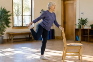 Une femme âgée pratique des postures de yoga senior en toute sécurité dans un centre lumineux.